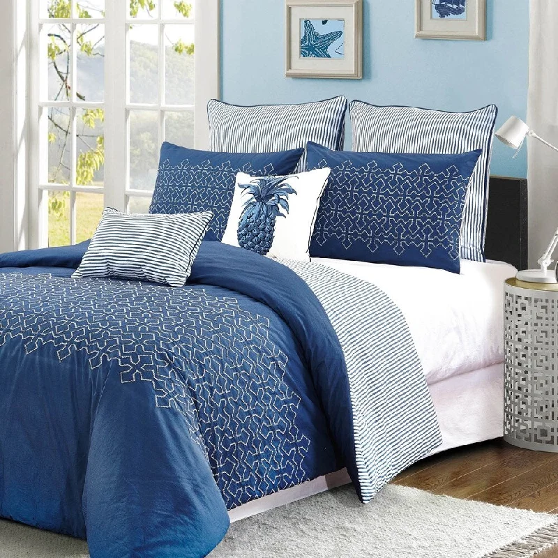 Synthetic - filled comforters like polyester for affordability and hypoallergenic propertiesStyle quarters Meadow Lane 7pc 100% Cotton Blue and White Geometric Embroidered Comforter Set - Machine washable - Queen