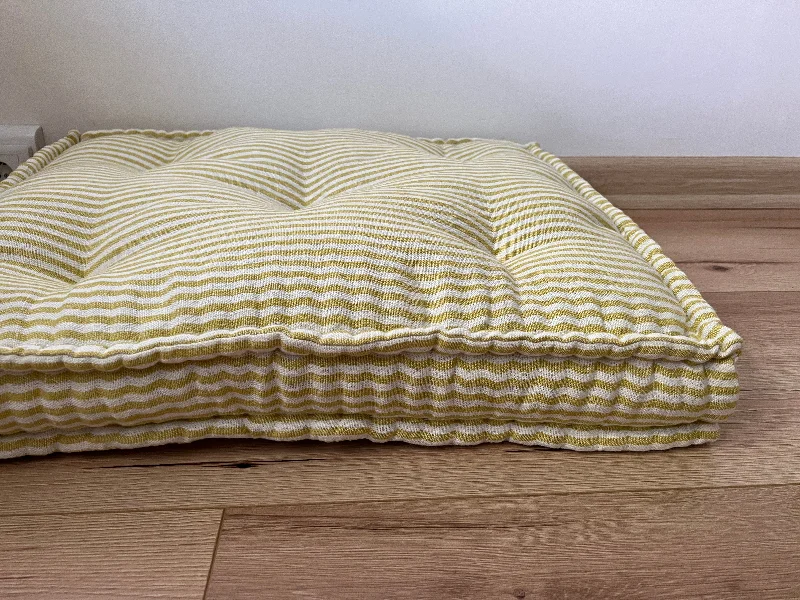 Plush Pillows for a Cozy BedHemp Custom made Window Mudroom Floor bench cushion "Lemon Stripes" filled organic hemp fiber in natural non-dyed linen fabric