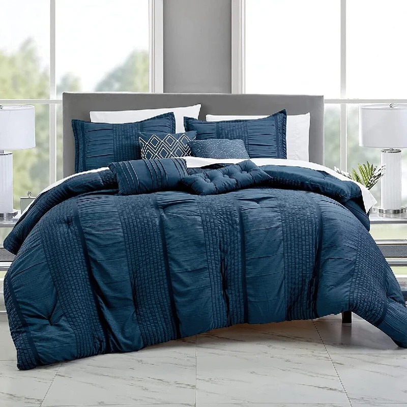 Microfiber - filled comforters that are lightweight and easy to care forShatex 7-Pieces Dark Blue Luxury Embroidery Microfiber Polyester King Comforter Set