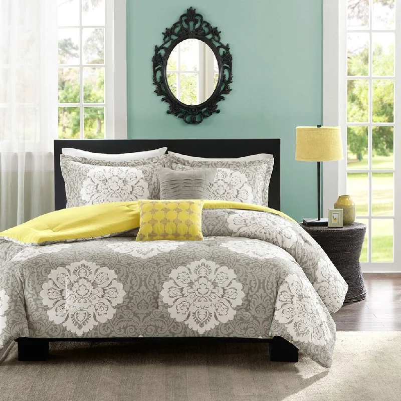 Microfiber - filled comforters that are lightweight and easy to care forDaily Boutik Full / Queen Grey White Damask Comforter Set with Soft Yellow Reverse