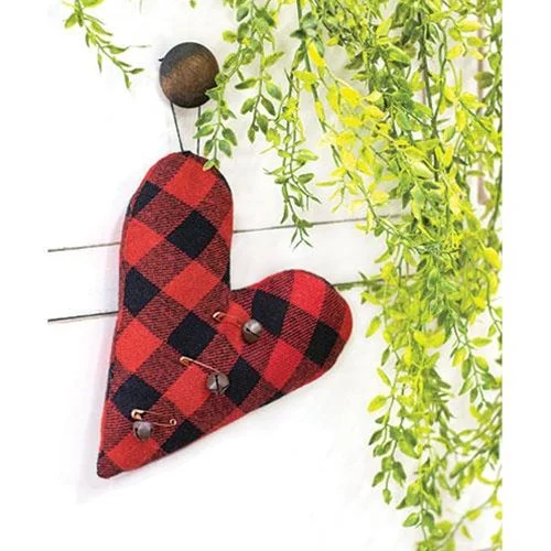 Felt Red & Black Buffalo Check Heart Pillow Ornament w/Rusty Jingle Bells