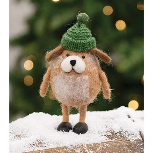 Felted Dog w/Green Hat Ornament